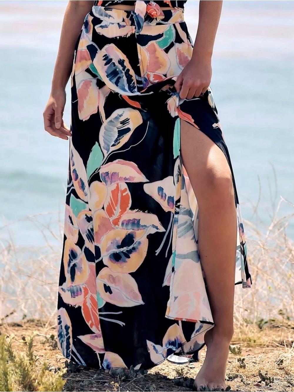 Anthropologie Maaji Summer Solstice Black Floral Maxi Skirt with Slit